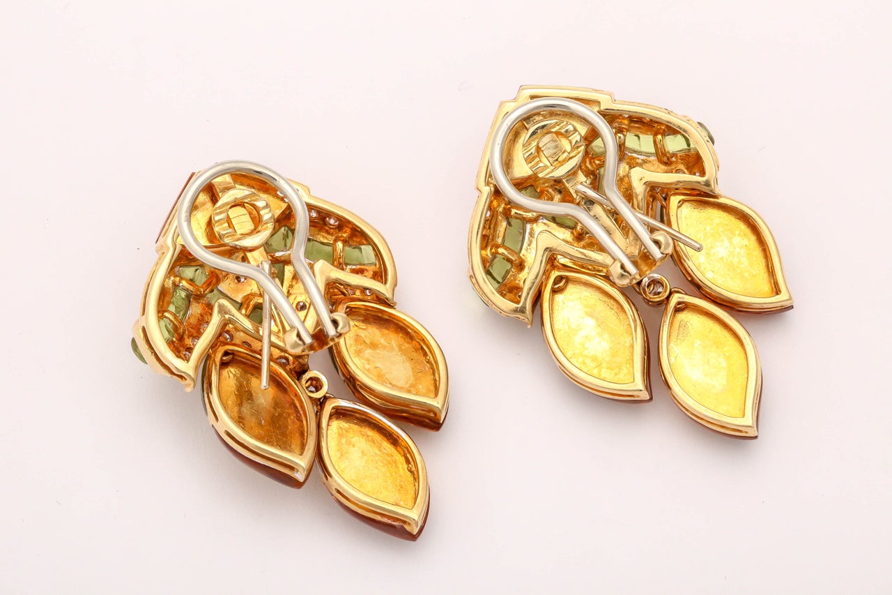 Citrine Peridot Diamond Gold Fish Shaped Earrings In Excellent Condition In New York, NY